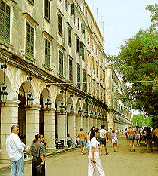 A view of one of the streets surrounding the plaza on the island of Corfu, Greece